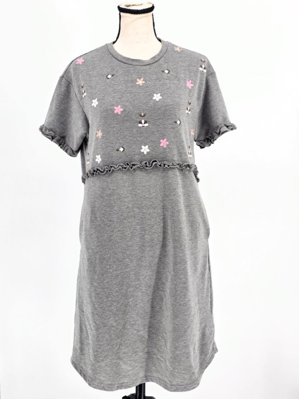 Hidden Alley Floral Embroidered Ruffle T-Shirt Dress Gray Pink Size Small
